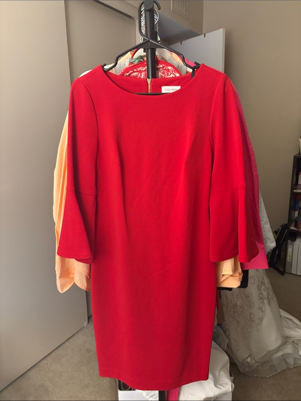 Calvin Klein Red Midi Dress with Bell Sleeves